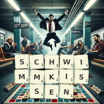 Kreative Illustration für ein Scrabble-Spiel, bei dem das Wort SCHWIMMKISSEN mit Steinen auf dem Brett gelegt wurde.