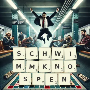 Kreative Illustration für ein Scrabble-Spiel, bei dem das Wort SCHWIMMKNOSPEN mit Steinen auf dem Brett gelegt wurde.