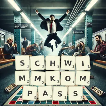 Kreative Illustration für ein Scrabble-Spiel, bei dem das Wort SCHWIMMKOMPASS mit Steinen auf dem Brett gelegt wurde.