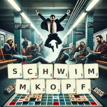 Kreative Illustration für ein Scrabble-Spiel, bei dem das Wort SCHWIMMKOPF mit Steinen auf dem Brett gelegt wurde.