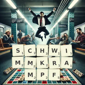 Kreative Illustration für ein Scrabble-Spiel, bei dem das Wort SCHWIMMKRAMPF mit Steinen auf dem Brett gelegt wurde.
