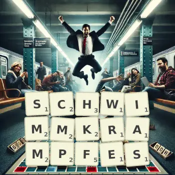 Kreative Illustration für ein Scrabble-Spiel, bei dem das Wort SCHWIMMKRAMPFES mit Steinen auf dem Brett gelegt wurde.