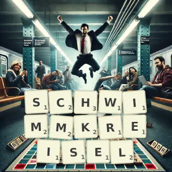 Kreative Illustration für ein Scrabble-Spiel, bei dem das Wort SCHWIMMKREISEL mit Steinen auf dem Brett gelegt wurde.