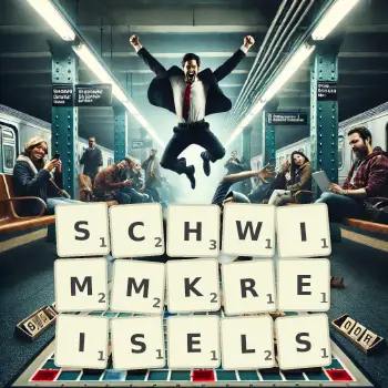 Kreative Illustration für ein Scrabble-Spiel, bei dem das Wort SCHWIMMKREISELS mit Steinen auf dem Brett gelegt wurde.