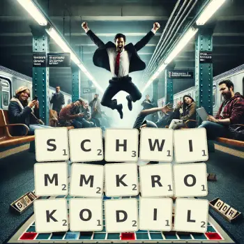 Kreative Illustration für ein Scrabble-Spiel, bei dem das Wort SCHWIMMKROKODIL mit Steinen auf dem Brett gelegt wurde.