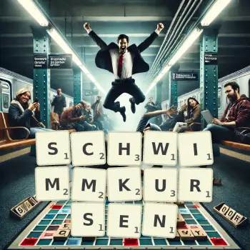Kreative Illustration für ein Scrabble-Spiel, bei dem das Wort SCHWIMMKURSEN mit Steinen auf dem Brett gelegt wurde.