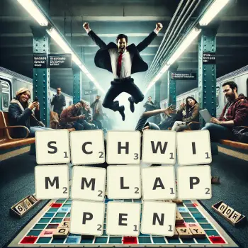 Kreative Illustration für ein Scrabble-Spiel, bei dem das Wort SCHWIMMLAPPEN mit Steinen auf dem Brett gelegt wurde.