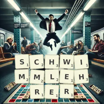 Kreative Illustration für ein Scrabble-Spiel, bei dem das Wort SCHWIMMLEHRER mit Steinen auf dem Brett gelegt wurde.
