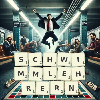 Kreative Illustration für ein Scrabble-Spiel, bei dem das Wort SCHWIMMLEHRERN mit Steinen auf dem Brett gelegt wurde.