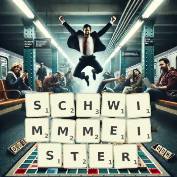 Kreative Illustration für ein Scrabble-Spiel, bei dem das Wort SCHWIMMMEISTER mit Steinen auf dem Brett gelegt wurde.