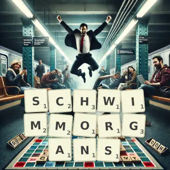 Kreative Illustration für ein Scrabble-Spiel, bei dem das Wort SCHWIMMORGANS mit Steinen auf dem Brett gelegt wurde.