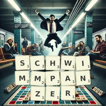 Kreative Illustration für ein Scrabble-Spiel, bei dem das Wort SCHWIMMPANZER mit Steinen auf dem Brett gelegt wurde.