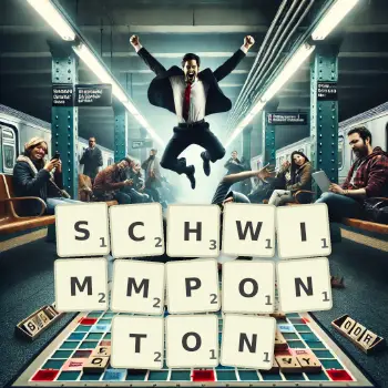 Kreative Illustration für ein Scrabble-Spiel, bei dem das Wort SCHWIMMPONTON mit Steinen auf dem Brett gelegt wurde.