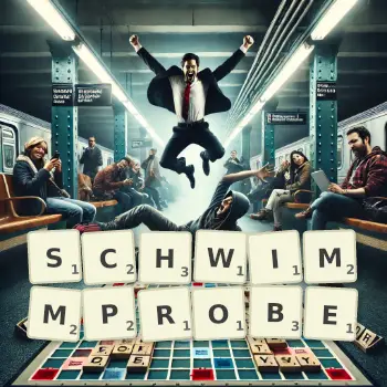 Kreative Illustration für ein Scrabble-Spiel, bei dem das Wort SCHWIMMPROBE mit Steinen auf dem Brett gelegt wurde.