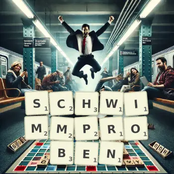 Kreative Illustration für ein Scrabble-Spiel, bei dem das Wort SCHWIMMPROBEN mit Steinen auf dem Brett gelegt wurde.