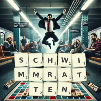 Kreative Illustration für ein Scrabble-Spiel, bei dem das Wort SCHWIMMRATTEN mit Steinen auf dem Brett gelegt wurde.