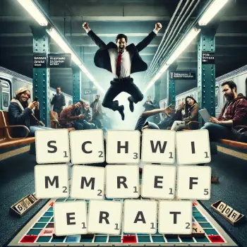 Kreative Illustration für ein Scrabble-Spiel, bei dem das Wort SCHWIMMREFERAT mit Steinen auf dem Brett gelegt wurde.