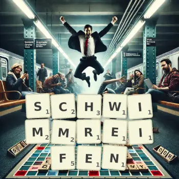 Kreative Illustration für ein Scrabble-Spiel, bei dem das Wort SCHWIMMREIFEN mit Steinen auf dem Brett gelegt wurde.