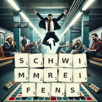 Kreative Illustration für ein Scrabble-Spiel, bei dem das Wort SCHWIMMREIFENS mit Steinen auf dem Brett gelegt wurde.