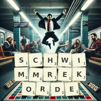 Kreative Illustration für ein Scrabble-Spiel, bei dem das Wort SCHWIMMREKORDE mit Steinen auf dem Brett gelegt wurde.