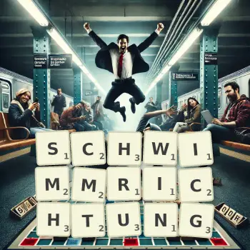 Kreative Illustration für ein Scrabble-Spiel, bei dem das Wort SCHWIMMRICHTUNG mit Steinen auf dem Brett gelegt wurde.