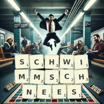 Kreative Illustration für ein Scrabble-Spiel, bei dem das Wort SCHWIMMSCHNEES mit Steinen auf dem Brett gelegt wurde.