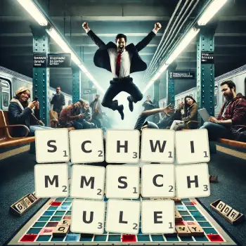 Kreative Illustration für ein Scrabble-Spiel, bei dem das Wort SCHWIMMSCHULE mit Steinen auf dem Brett gelegt wurde.