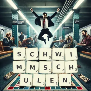 Kreative Illustration für ein Scrabble-Spiel, bei dem das Wort SCHWIMMSCHULEN mit Steinen auf dem Brett gelegt wurde.