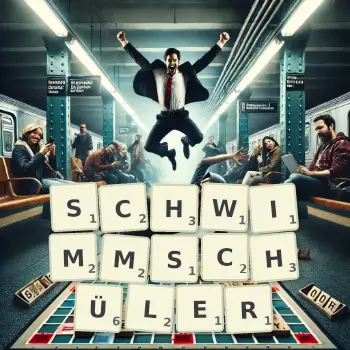 Kreative Illustration für ein Scrabble-Spiel, bei dem das Wort SCHWIMMSCHÜLER mit Steinen auf dem Brett gelegt wurde.