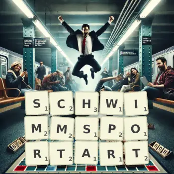 Kreative Illustration für ein Scrabble-Spiel, bei dem das Wort SCHWIMMSPORTART mit Steinen auf dem Brett gelegt wurde.