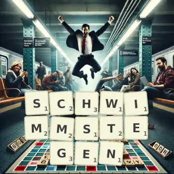 Kreative Illustration für ein Scrabble-Spiel, bei dem das Wort SCHWIMMSTEGEN mit Steinen auf dem Brett gelegt wurde.