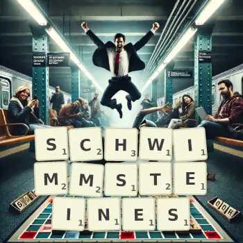 Kreative Illustration für ein Scrabble-Spiel, bei dem das Wort SCHWIMMSTEINES mit Steinen auf dem Brett gelegt wurde.