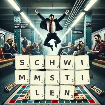 Kreative Illustration für ein Scrabble-Spiel, bei dem das Wort SCHWIMMSTILEN mit Steinen auf dem Brett gelegt wurde.