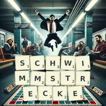 Kreative Illustration für ein Scrabble-Spiel, bei dem das Wort SCHWIMMSTRECKE mit Steinen auf dem Brett gelegt wurde.