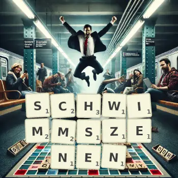 Kreative Illustration für ein Scrabble-Spiel, bei dem das Wort SCHWIMMSZENEN mit Steinen auf dem Brett gelegt wurde.