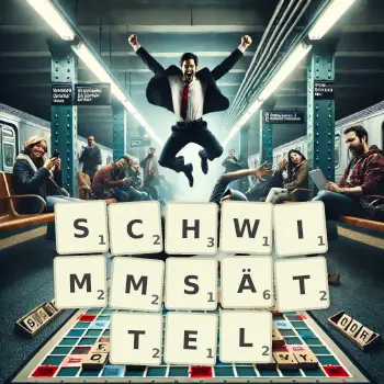 Kreative Illustration für ein Scrabble-Spiel, bei dem das Wort SCHWIMMSÄTTEL mit Steinen auf dem Brett gelegt wurde.