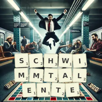 Kreative Illustration für ein Scrabble-Spiel, bei dem das Wort SCHWIMMTALENTE mit Steinen auf dem Brett gelegt wurde.