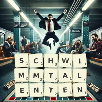 Kreative Illustration für ein Scrabble-Spiel, bei dem das Wort SCHWIMMTALENTEN mit Steinen auf dem Brett gelegt wurde.