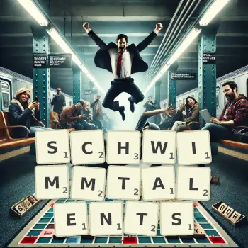 Kreative Illustration für ein Scrabble-Spiel, bei dem das Wort SCHWIMMTALENTS mit Steinen auf dem Brett gelegt wurde.
