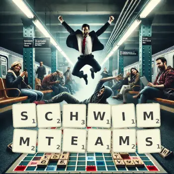 Kreative Illustration für ein Scrabble-Spiel, bei dem das Wort SCHWIMMTEAMS mit Steinen auf dem Brett gelegt wurde.