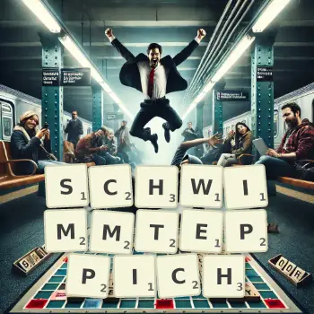 Kreative Illustration für ein Scrabble-Spiel, bei dem das Wort SCHWIMMTEPPICH mit Steinen auf dem Brett gelegt wurde.