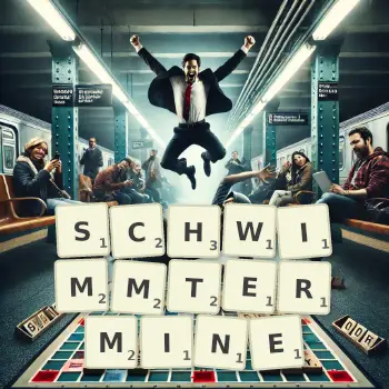 Kreative Illustration für ein Scrabble-Spiel, bei dem das Wort SCHWIMMTERMINE mit Steinen auf dem Brett gelegt wurde.