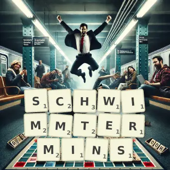 Kreative Illustration für ein Scrabble-Spiel, bei dem das Wort SCHWIMMTERMINS mit Steinen auf dem Brett gelegt wurde.