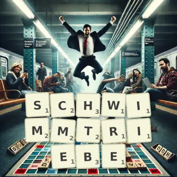 Kreative Illustration für ein Scrabble-Spiel, bei dem das Wort SCHWIMMTRIEBE mit Steinen auf dem Brett gelegt wurde.