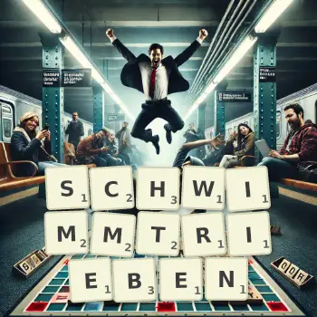 Kreative Illustration für ein Scrabble-Spiel, bei dem das Wort SCHWIMMTRIEBEN mit Steinen auf dem Brett gelegt wurde.