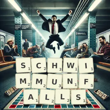 Kreative Illustration für ein Scrabble-Spiel, bei dem das Wort SCHWIMMUNFALLS mit Steinen auf dem Brett gelegt wurde.