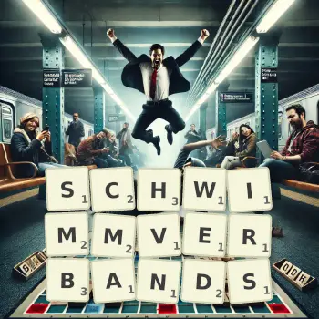 Kreative Illustration für ein Scrabble-Spiel, bei dem das Wort SCHWIMMVERBANDS mit Steinen auf dem Brett gelegt wurde.