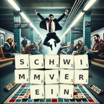 Kreative Illustration für ein Scrabble-Spiel, bei dem das Wort SCHWIMMVEREIN mit Steinen auf dem Brett gelegt wurde.