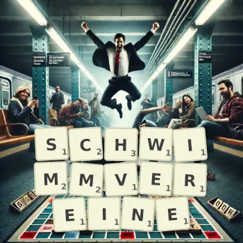 Kreative Illustration für ein Scrabble-Spiel, bei dem das Wort SCHWIMMVEREINE mit Steinen auf dem Brett gelegt wurde.