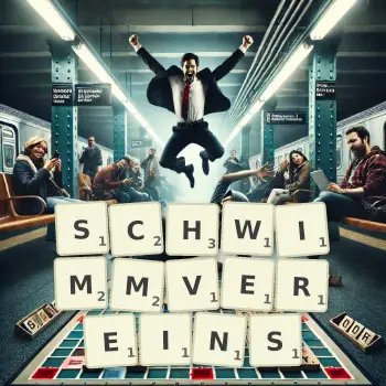 Kreative Illustration für ein Scrabble-Spiel, bei dem das Wort SCHWIMMVEREINS mit Steinen auf dem Brett gelegt wurde.